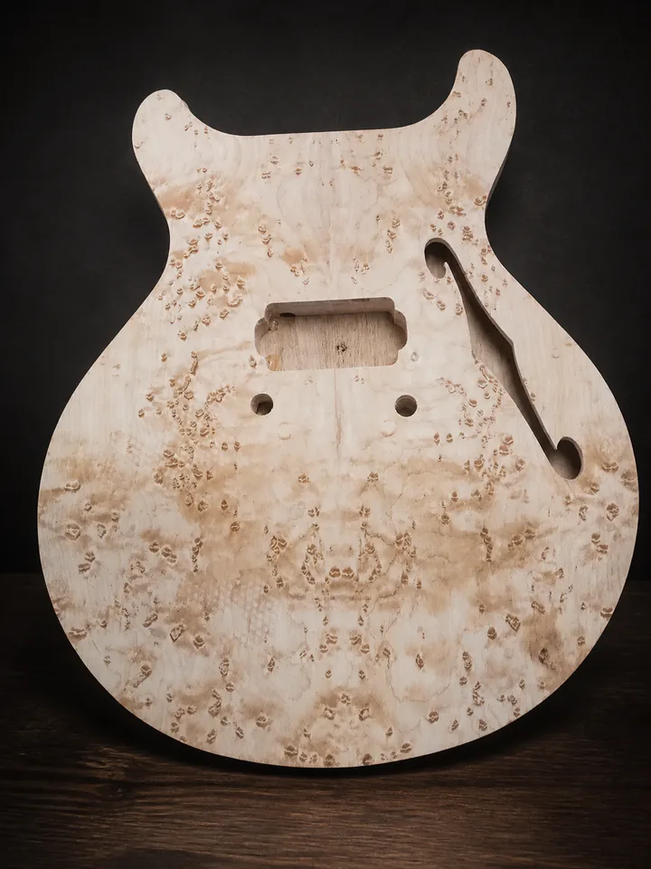 Burl-maple semi-hollow guitar body blank on a professional studio background