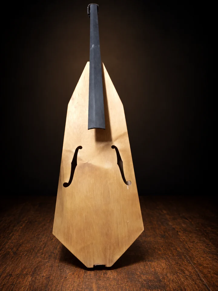 Natural wood upright instrument with a long black fingerboard and twin sound holes on a dark studio background
