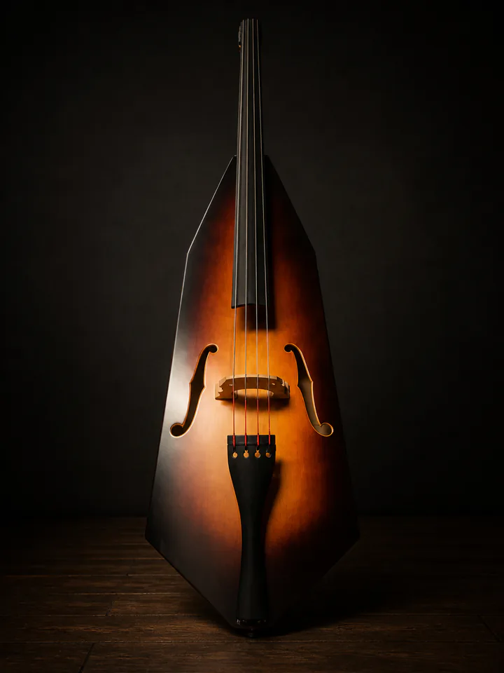 Sunburst Caldwell upright bass on a professional studio background